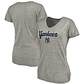 Women's New York Yankees Freehand V Neck Slim Fit Tri Blend T-Shirt Ash FengYun